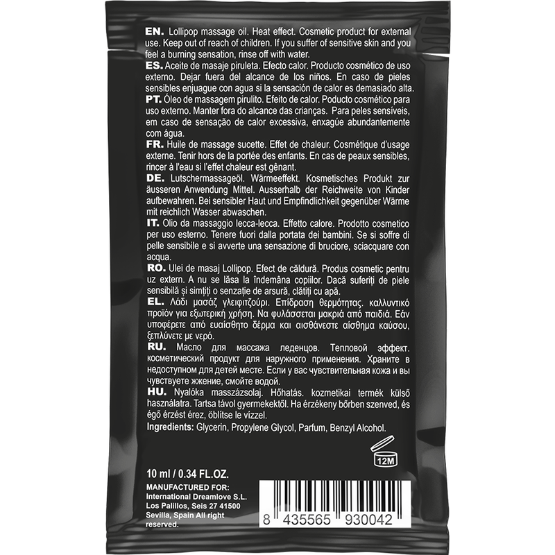 Huile de massage kissable de poche avec sucette effet chaleur 10 ml