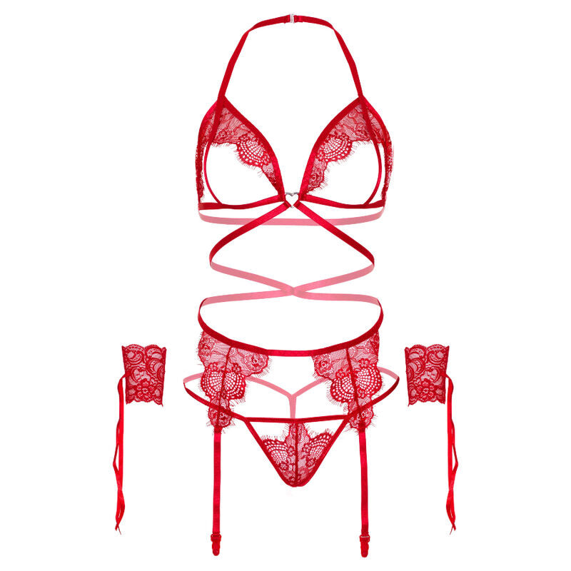 LEG AVENUE - ENSEMBLE QUATRE PIÈCES SOUTIEN-GORGE, STRING, PORTE-JARRETELLES ET POIGNETS TAILLE UNIQUE - BLANC