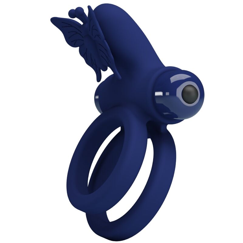 Jamele double anneau avec vibration & stimulateur de papillon bleu