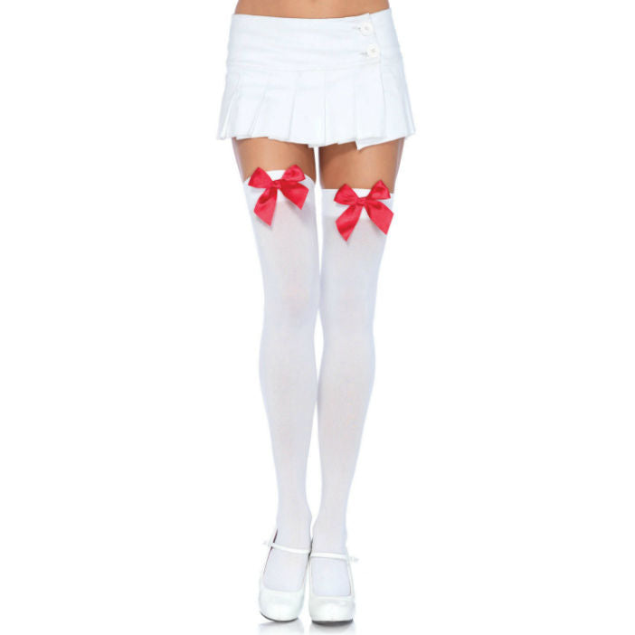 Cuisses hautes en nylon avec noeud blanc / rouge