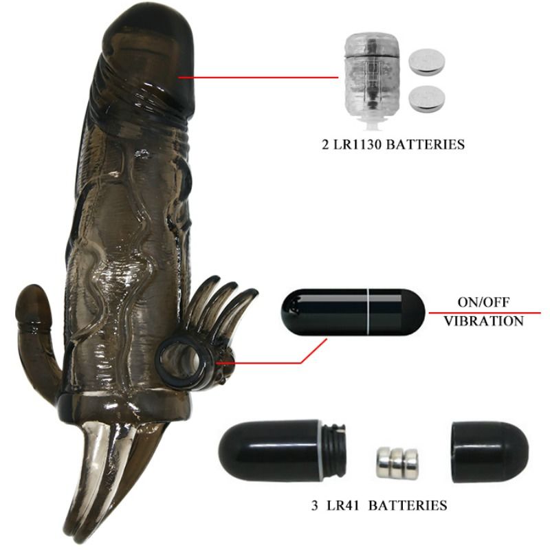 Couvre-pénis brave man avec stimulation clito et anal double bullet noir 16.5 cm