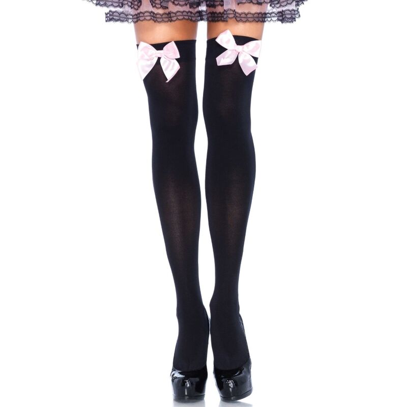 Cuisses hautes en nylon noir avec noeud rose taille unique